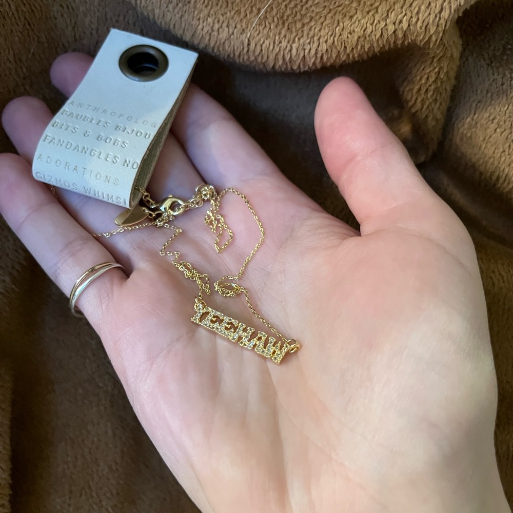 Anthropologie Tidbits Word Pendant Necklace 14k Gold Plated with Pave Crystals